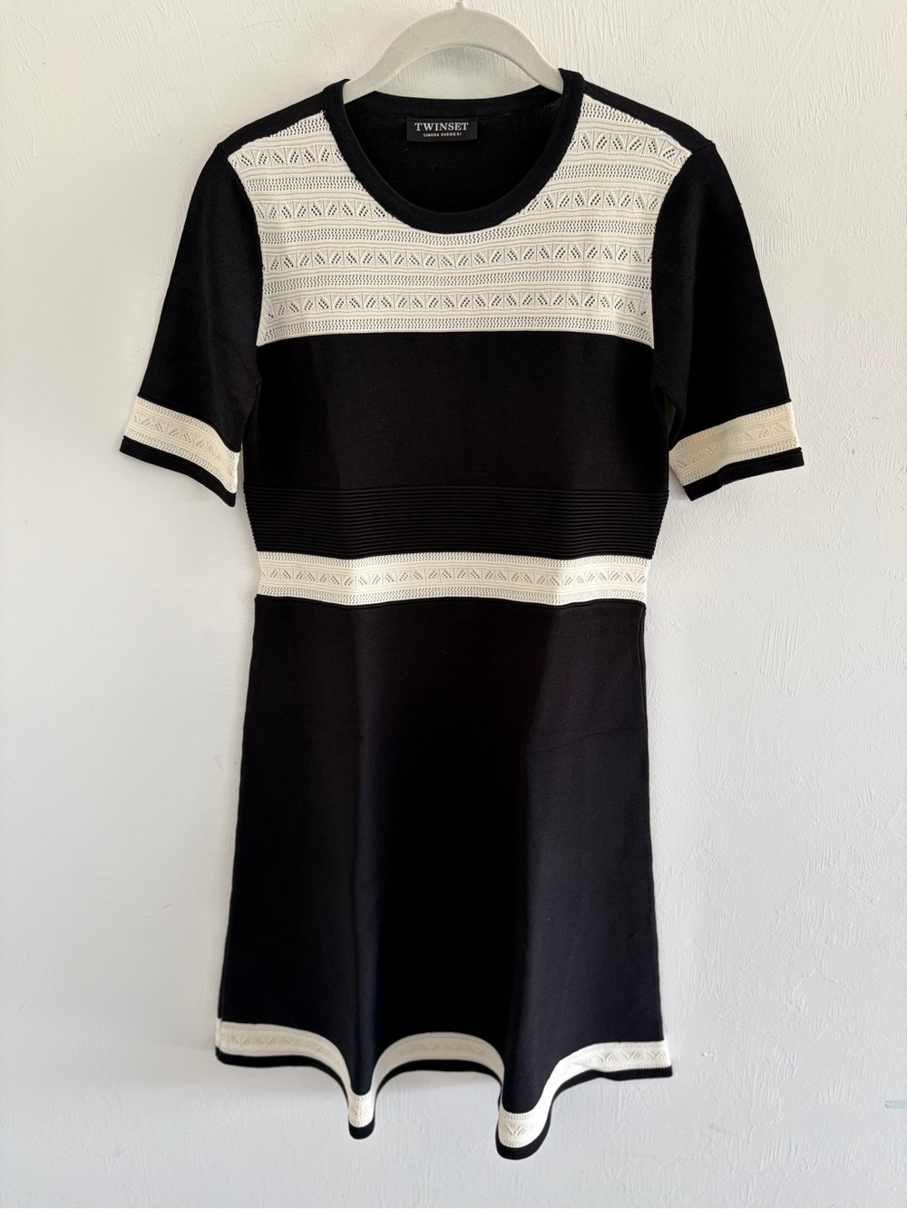 Twin-Set Black and Cream Short Sleeve Knit Fit-and-Flare Dress